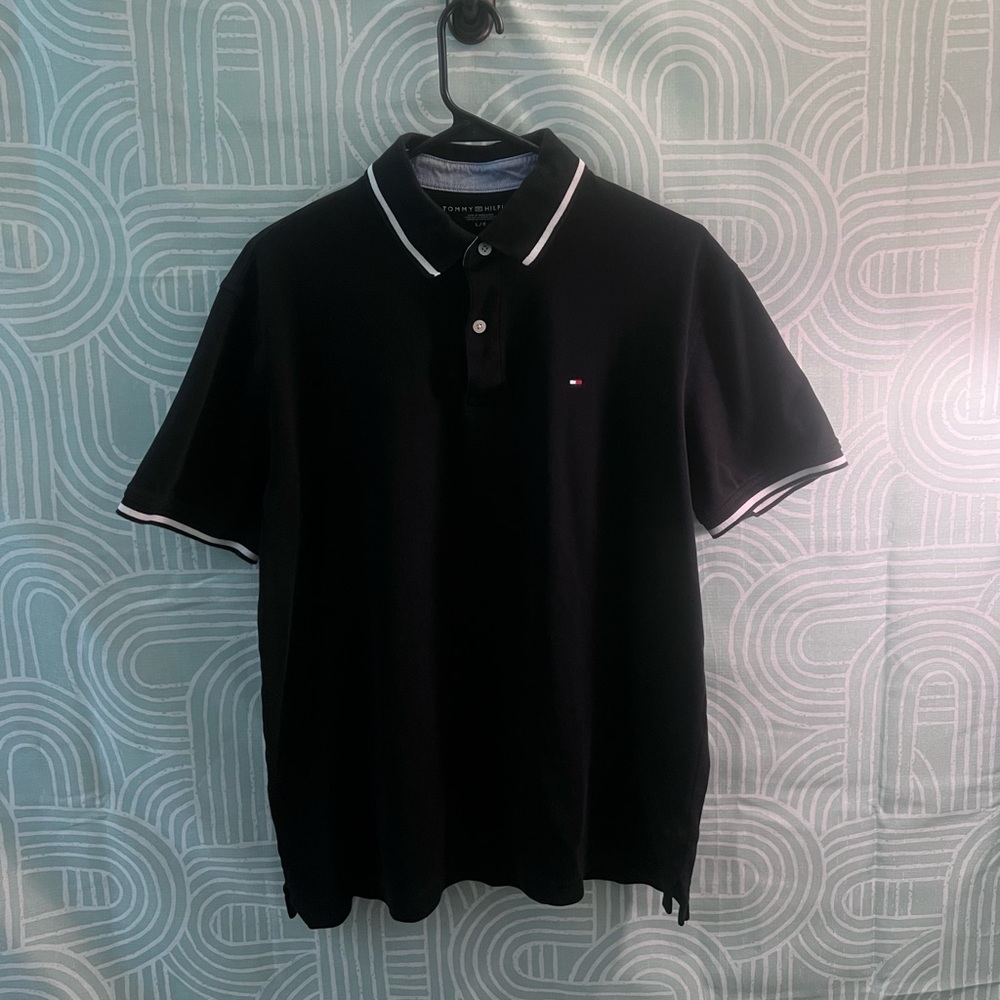 Tommy Hilfiger Black Polo Shirt White Trim Flag Logo Men’s Large